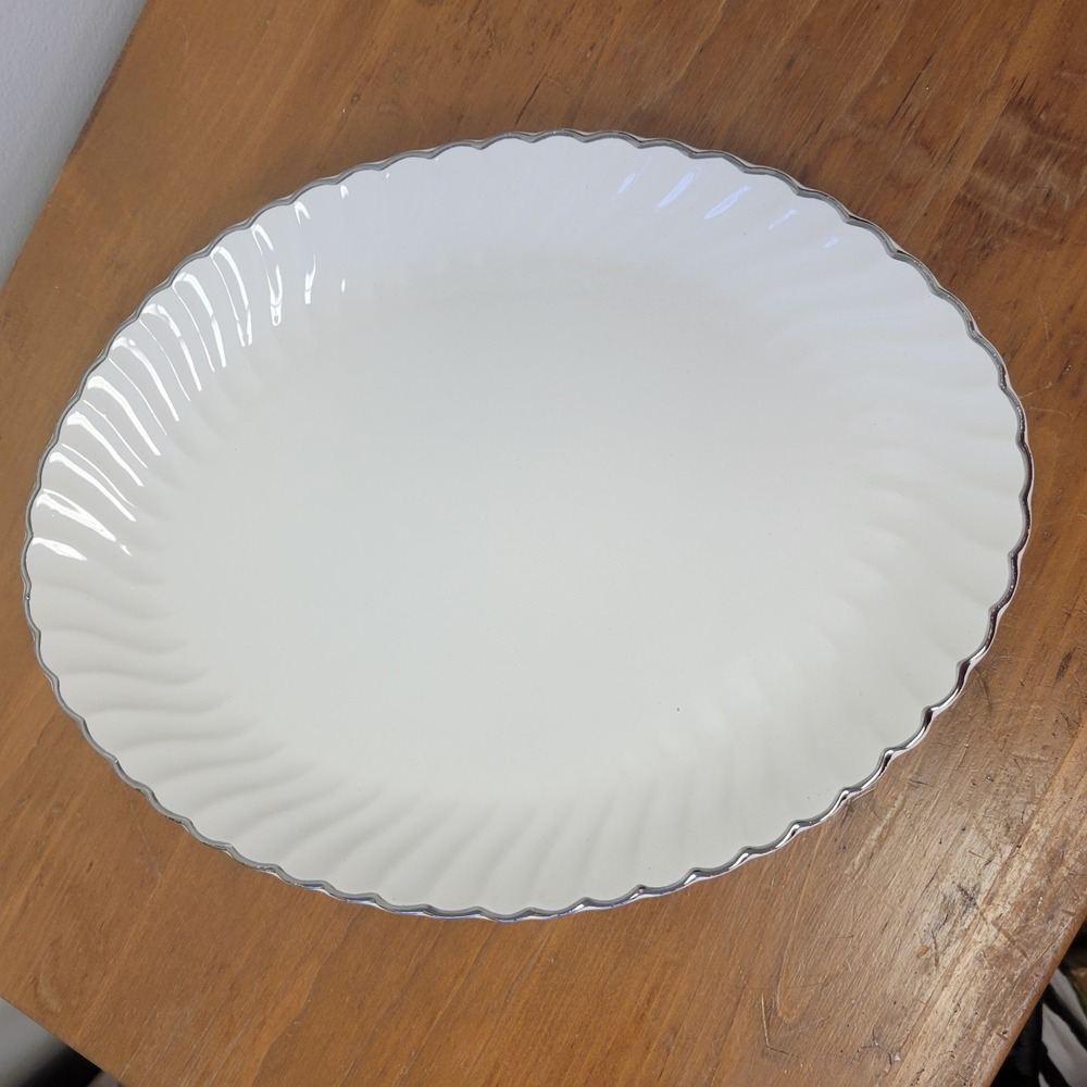 Vintage USA Pottery Scalloped Edge Silver Edge Oval Platter